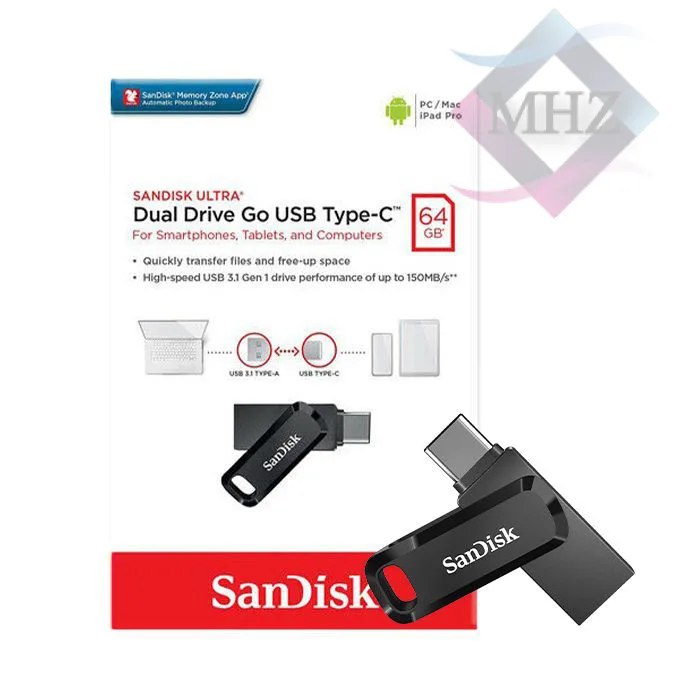 فلش مموری 64 گیگابایت سندیسک مدل Ultra Dual Drive GO USB Type-C، دارای رابطهای USB Type-C و USB 3.0، مقاوم در برابر ضربه، آب و گرد و غبار