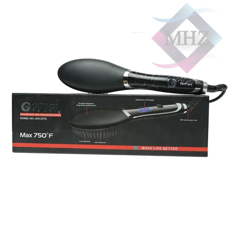 برس حرارتی جیمی مدل GM-2972، با صفحات از جنس سرامیک، دارای قابلیت چرخش 360 درجه کابل، نمایشگر LCD، دکمهی روشن/خاموش، گستره دما 150 تا 400 درجه سانتیگراد، به همراه سیم 1.67 متری