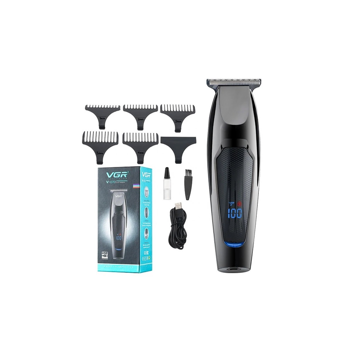 ماشین اصلاح موی سر و صورت تریمر وی جی آر مدل V-070، دارای طراحی ارگونومیک، ضد آب، منبع انرژی باتری قابل شارژ، اندازه اصلاح 1 میلیمتر، جنس تیغه استیل ضد زنگ، مدت زمان شارژ 120 دقیقه