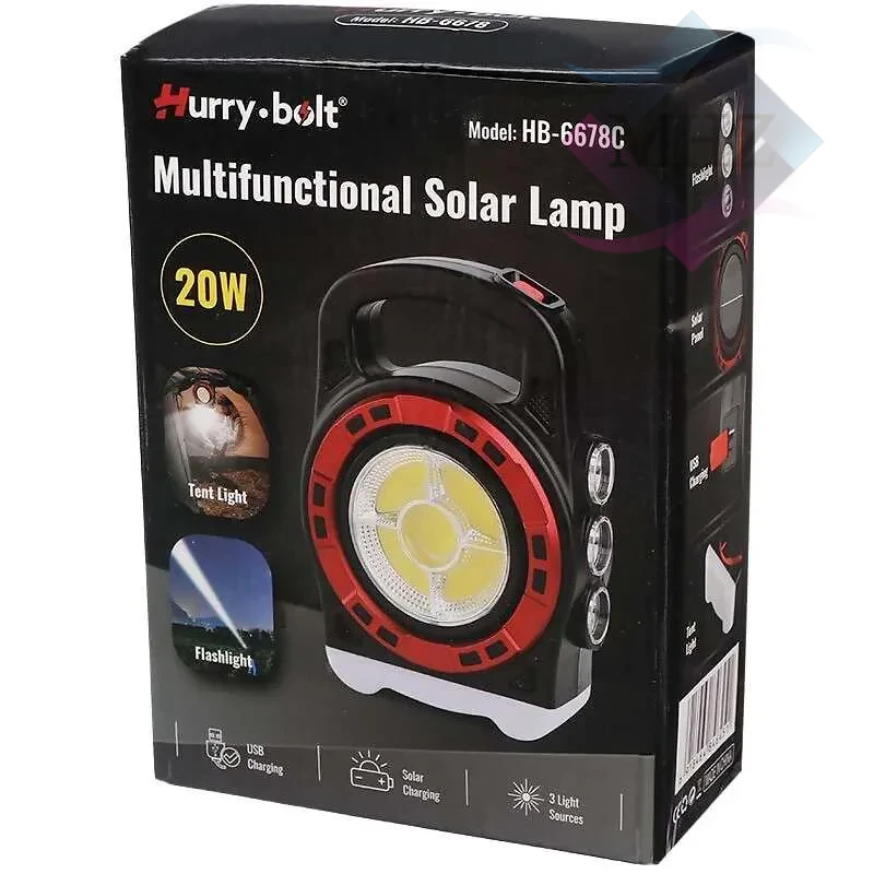 چراغ اضطراری هاری بلت مدل HB-6678 خورشیدی با توان 20 وات، بهرهگیری از LED و COB، قابلیت شارژ خورشیدی، باتری 2400 میلی آمپر ساعت، استاندارد ضد آب IP44، سه حالت نوردهی، زمان شارژ 2 تا 3 ساعت و زمان کارکرد 5 تا 8 ساعت