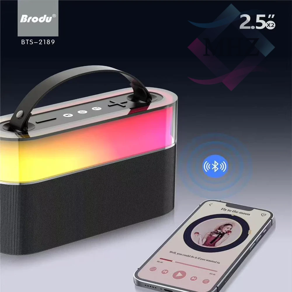 اسپیکر بلوتوثی برودو مدل BTS-2189 با توان 24 وات، دو عدد درایور 2.5 اینچ، نسخه بلوتوث 5.3 با برد 10 متر، پشتیبانی از USB و TF تا ظرفیت 32 گیگابایت، باتری لیتیومی با ظرفیت 2400 میلی آمپر ساعت، دارای درگاه های USB، TF، AUX، DC-in TYPE-C