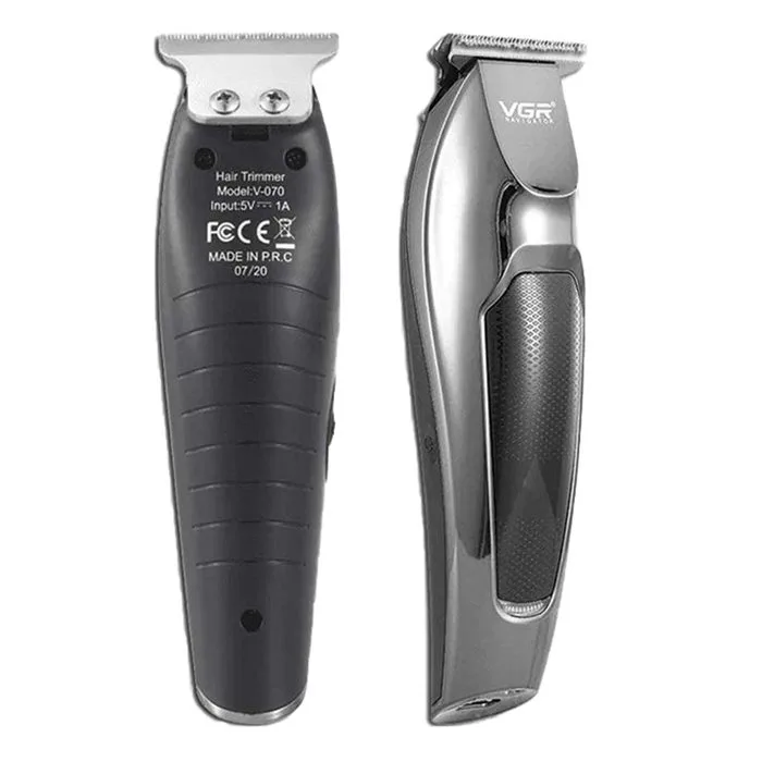 ماشین اصلاح موی سر و صورت تریمر وی جی آر مدل V-070، دارای طراحی ارگونومیک، ضد آب، منبع انرژی باتری قابل شارژ، اندازه اصلاح 1 میلیمتر، جنس تیغه استیل ضد زنگ، مدت زمان شارژ 120 دقیقه