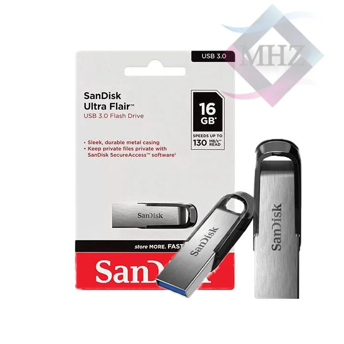 فلش مموری 16 گیگابایت سن دیسک مدل Ultra Flair CZ73، دارای رابطهای USB 3.0 و USB 2.0، سرعت استاندارد انتقال اطلاعات 5 گیگابیت بر ثانیه، دارای قابلیت رمزگذاری فایلها