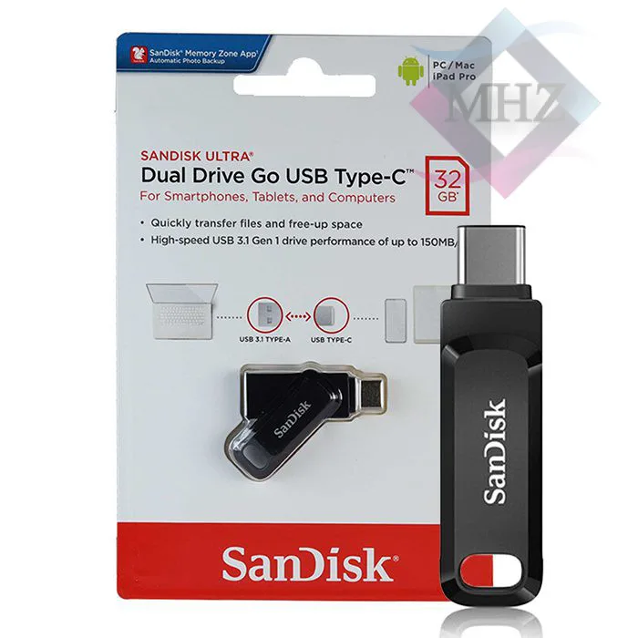 فلش مموری 32 گیگابایت سن دیسک مدل Ultra Dual Drive Go، دارای رابطهای USB 3.1 و USB Type-C، مقاوم در برابر شوک و لرزش