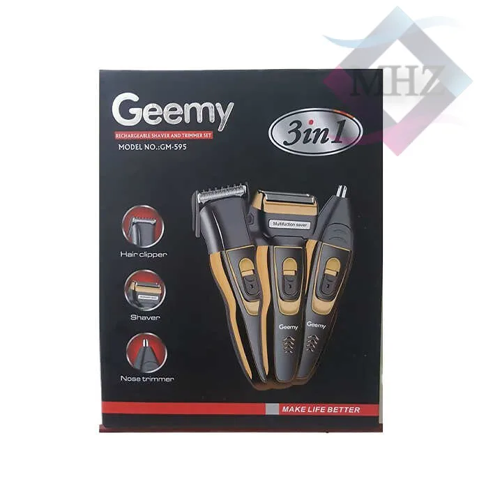 ماشین اصلاح موی صورت جیمی مدل GM-595 اصلاح به صورت صفر زن، با قابلیت استفاده به صورت خشک و مرطوب، طراحی ارگونومیک، امکان شارژ شدن سریع، نمایشگر میزان شارژ، تیغههای ضد التهاب و خودتیزشونده، منبع انرژی باتری قابل شارژ، دارای سری مو زن بینی و سری حجم زن