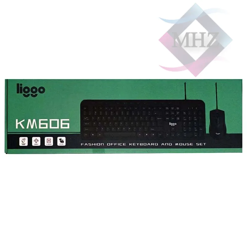 کیبورد و ماوس با سیم لیگو مدل KM606 با سوییچ ممبرین، Full Size، پایههای ضد لغزش، اتصال Plug & Play