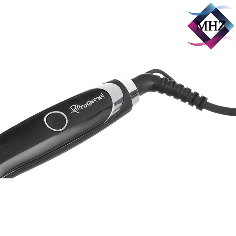 برس حرارتی پرو جیمی مدل GM-2972، با صفحات از جنس سرامیک، دارای قابلیت چرخش 360 درجه کابل، نمایشگر LCD، دکمهی روشن/خاموش، گستره دما 150 تا 400 درجه سانتیگراد، به همراه سیم 1.67 متری