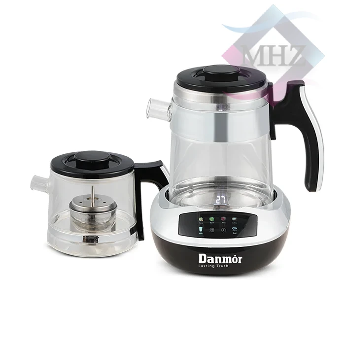 چای ساز دانمور مدل DR-2005 با توان 1600 وات، کتری 2 و قوری 0.9 لیتری، پایه ضد لغزش، نمایشگر دیجیتال، قابلیت گرم نگه داشتن آب، ترموستات دیجیتالی، دارای 6 برنامه پیش فرض، نقطه جوش تا 100 درجه سانتی گراد
