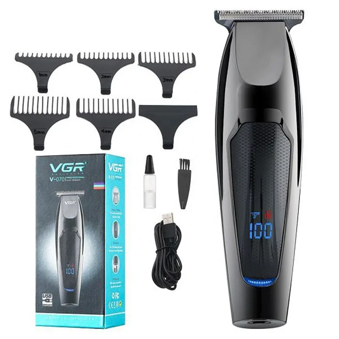 ماشین اصلاح موی سر و صورت تریمر وی جی آر مدل V-070، دارای طراحی ارگونومیک، ضد آب، منبع انرژی باتری قابل شارژ، اندازه اصلاح 1 میلیمتر، جنس تیغه استیل ضد زنگ، مدت زمان شارژ 120 دقیقه