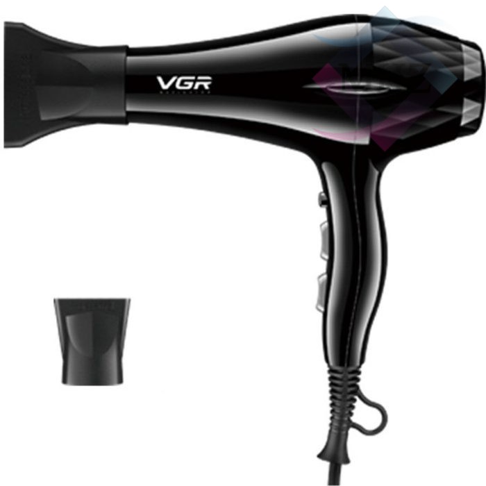 سشوار حرفهای 2200 وات وی جی آر مدل V-413، موتور AC، وزن 802 گرم، المنت سرامیک تورمالین، دارای سری متمرکزکننده باریک، متمرکزکننده پهن با ویژگی صافکنندگی، حجمدهندگی، با قابلیت باد سرد