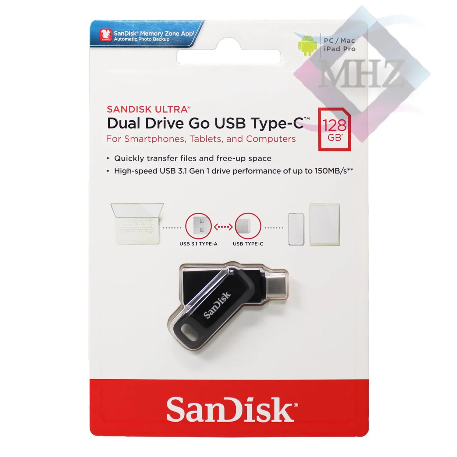 فلش مموری 128 گیگابایت سن دیسک مدل Ultra Dual Drive GO USB Type-C، دارای رابطهای USB Type-C و USB 3.1
