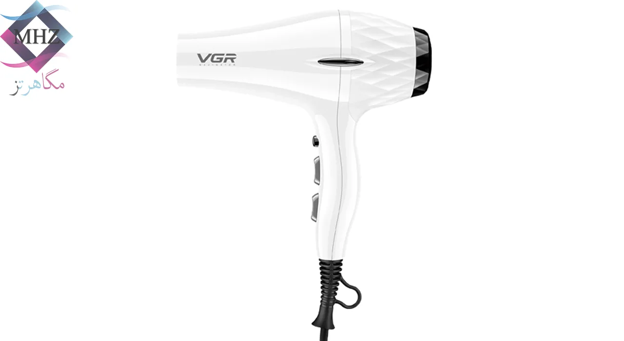 سشوار حرفهای 2200 وات وی جی آر مدل V-413، موتور AC، وزن 802 گرم، المنت سرامیک تورمالین، دارای سری متمرکزکننده باریک، متمرکزکننده پهن با ویژگی صافکنندگی، حجمدهندگی، با قابلیت باد سرد