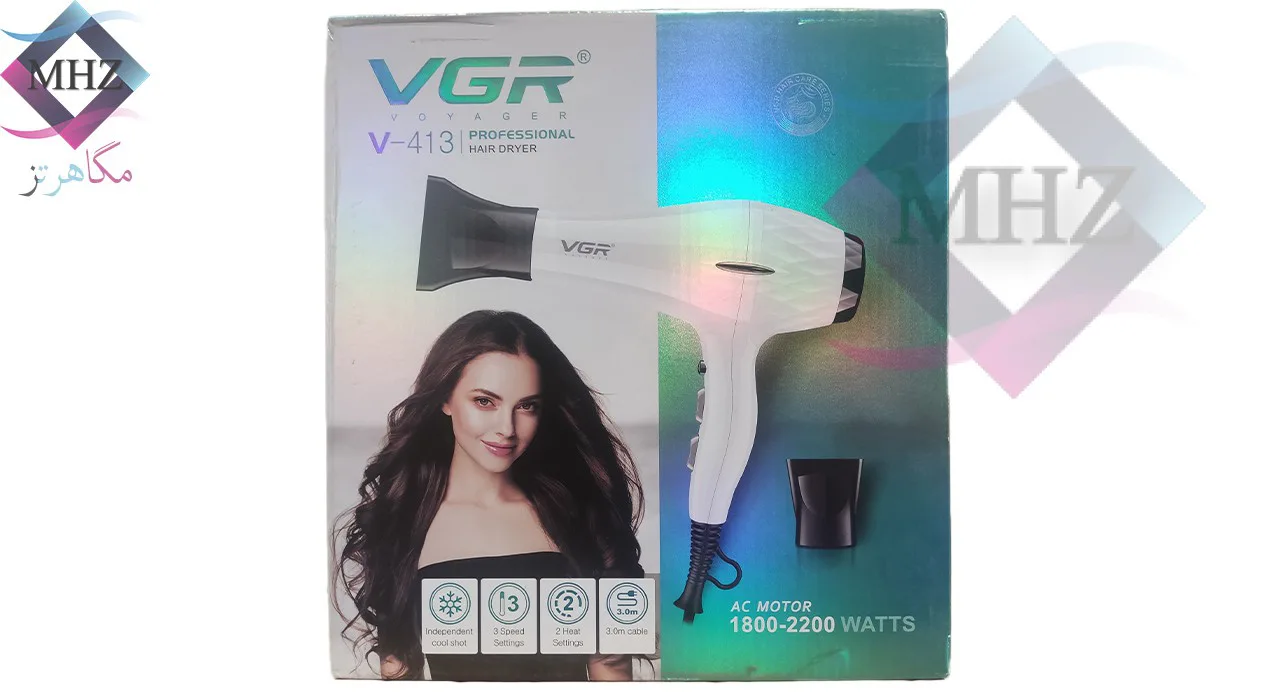 سشوار حرفهای 2200 وات وی جی آر مدل V-413، موتور AC، وزن 802 گرم، المنت سرامیک تورمالین، دارای سری متمرکزکننده باریک، متمرکزکننده پهن با ویژگی صافکنندگی، حجمدهندگی، با قابلیت باد سرد