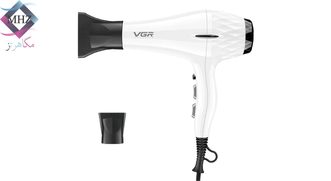 سشوار حرفهای 2200 وات وی جی آر مدل V-413، موتور AC، وزن 802 گرم، المنت سرامیک تورمالین، دارای سری متمرکزکننده باریک، متمرکزکننده پهن با ویژگی صافکنندگی، حجمدهندگی، با قابلیت باد سرد