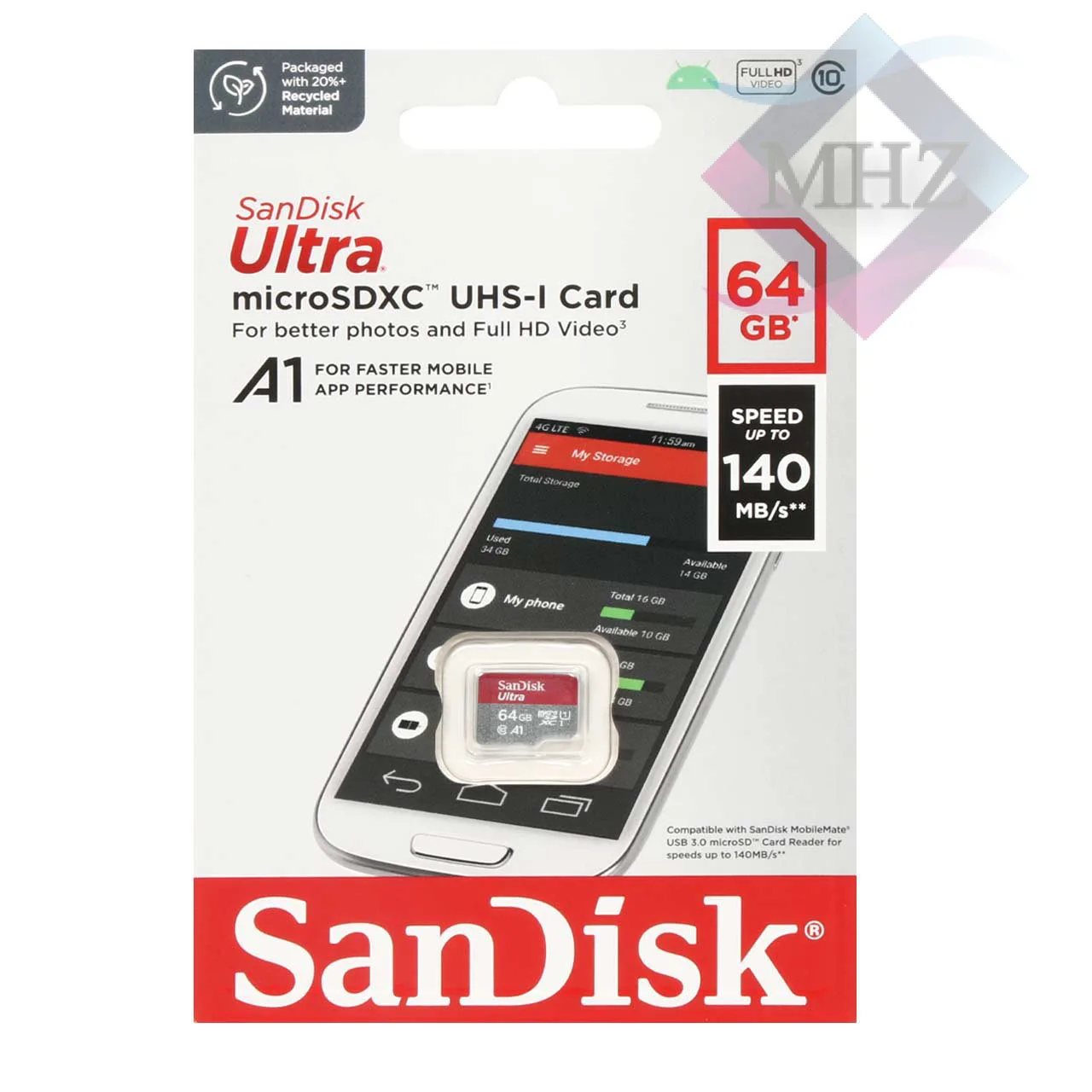 کارت حافظه microSDXC سن دیسک مدل Ultra کلاس 10 استاندارد UHS-I A1 سرعت 140MB/s مگابیت بر ثانیه ظرفیت 64 گیگابایت