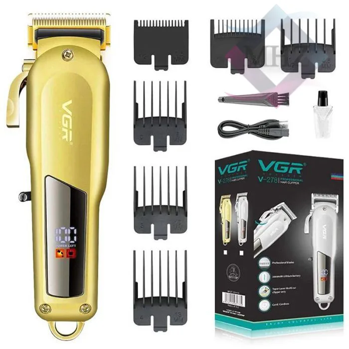 ماشین اصلاح موی سر و صورت وی جی آر مدل V-278، با طراحی ارگونومیک، دارای نمایشگر LED، منبع انرژی کابل USB، جنس تیغه استیل پیشرفته، مدت زمان شارژ 180 دقیقه و مدت زمان استفاده پس از شارژ 180 دقیقه
