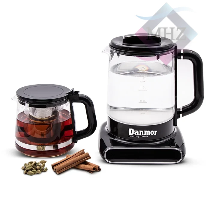 چای ساز دانمور مدل DR-2006 با توان 1600 وات، کتری 1.8 و قوری 1.1 لیتری، پایه ضد لغزش، نمایشگر دیجیتال، قابلیت گرم نگه داشتن آب، ترموستات دیجیتالی، دارای 6 برنامه پیش فرض، نقطه جوش تا 100 درجه سانتی گراد