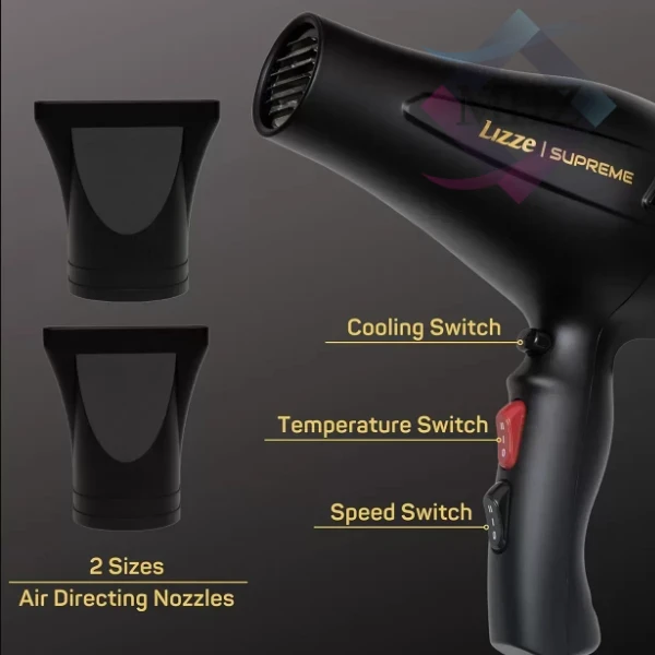 سشوار حرفهای 2600 وات لیز مدل Supreme، موتور AC، وزن 480 گرم، المنت سرامیک، دارای سری متمرکزکننده باریک، متمرکزکننده پهن با ویژگی صافکنندگی، حجمدهندگی، با قابلیت باد سرد