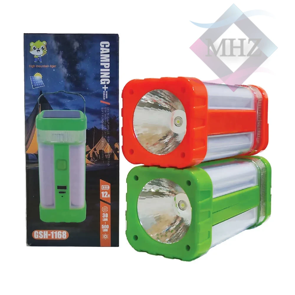 چراغ فانوسی خورشیدی مدل GSH-1168 با قابلیت شارژ خورشیدی، پورت شارژ USB Type-C، روشنایی قابل تنظیم 30 تا 500 لومن