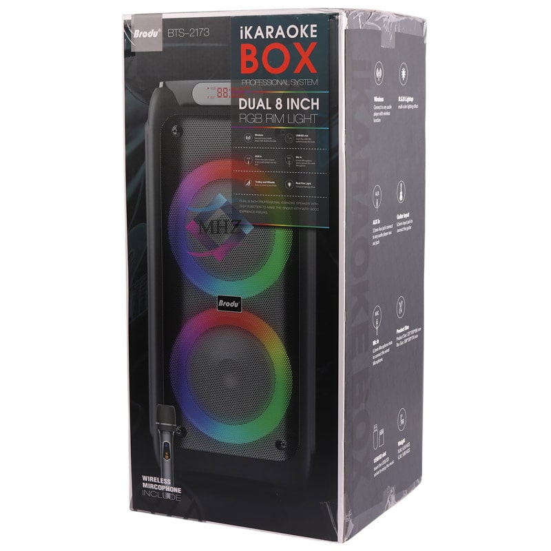 اسپیکر بلوتوثی قابل حمل مدل BTS-2173، دارای دو درایور 8 اینچی با توان خروجی کلی 60 وات، پشتیبانی از بلوتوث نسخه 5.3 با برد اتصال 10 متر، ورودی AUX، USB، کارت حافظه TF و رادیو FM، ورودی میکروفون بیسیم و ورودی گیتار 6.5 میلیمتری، باتری لیتیومی با ظرفیت 4500 میلیآمپرساعت