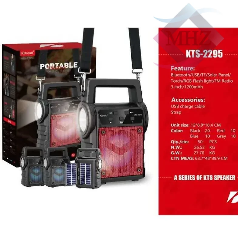 اسپیکر بلوتوثی قابل حمل مدل KTS-2295 با باتری لیتیوم‑یون 1200 mAh، پنل خورشیدی داخلی، تقویتکننده 5 وات، بلوتوث 5.0 با حداکثر فاصله ارتباطی ۱۰ متر، درگاه شارژ MICRO USB (ورودی 0.5 V5 A)