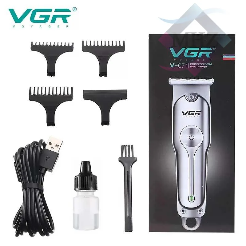 ماشین اصلاح موی سر و صورت وی جی آر مدل V-071، اصلاح به صورت خط زن و حجم زن، با قابلیت استفاده به صورت خشک و مرطوب، طراحی ارگونومیک، نمایشگر میزان شارژ، امکان شارژ شدن سریع، منبع انرژی باتری قابل شارژ، به همراه شارژر، برس تمیزکننده، روغن و محافظ