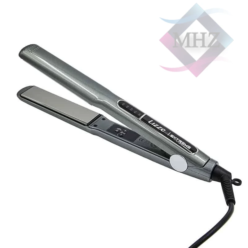 اتو مو لیز مدل Extreme، با صفحات باریک از جنس تیتانیوم، دارای سیستم ایمنی قفل دما، سیم چرخشی 360 درجه ضد گره، نمایشگر دیجیتال، گستره دما بیش از 240 درجه سانتیگراد، به همراه سیم 2 متری