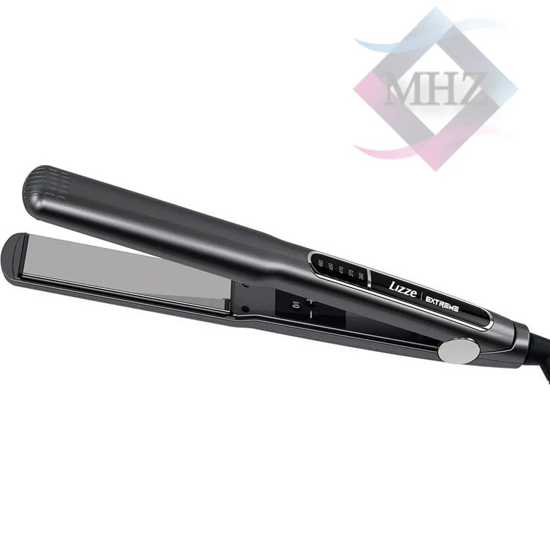 اتو مو لیز مدل Extreme، با صفحات باریک از جنس تیتانیوم، دارای سیستم ایمنی قفل دما، سیم چرخشی 360 درجه ضد گره، نمایشگر دیجیتال، گستره دما بیش از 240 درجه سانتیگراد، به همراه سیم 2 متری