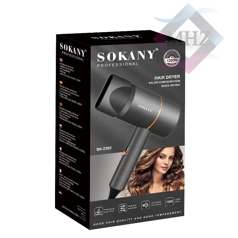 سشوار مسافرتی 1200 وات سوکانی مدل SK-2202، موتور AC، وزن 495 گرم، دارای سری متمرکزکننده باریک با ویژگی صافکنندگی، حجمدهندگی، با قابلیت تنظیم دما