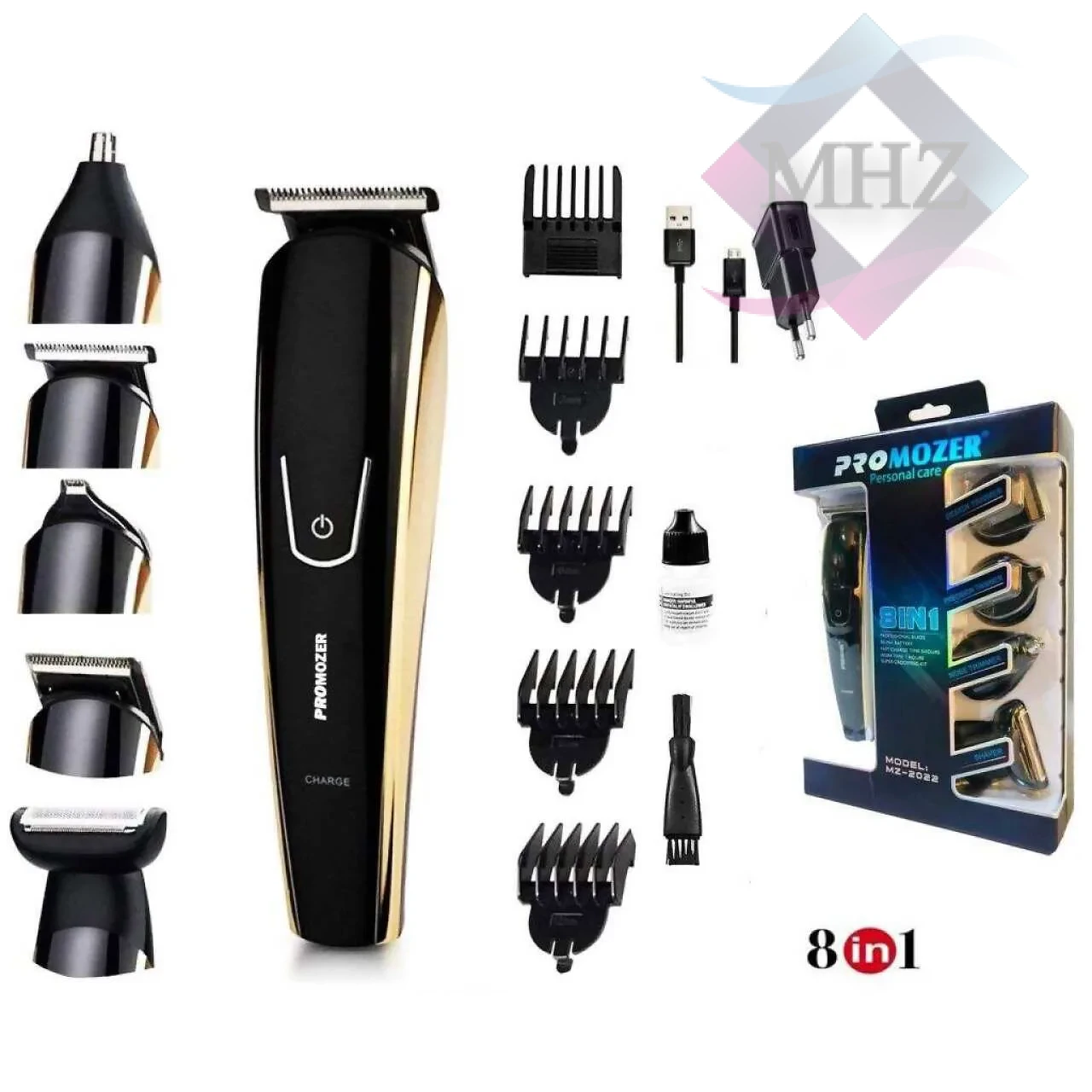 ماشین اصلاح موی سر و صورت مردانه پروموزر مدل MZ-2022 با 5 عدد شانه، ظرفیت 600 میلی آمپر، زمان شارژ 5 ساعت، زمان کارکرد 60 دقیقه