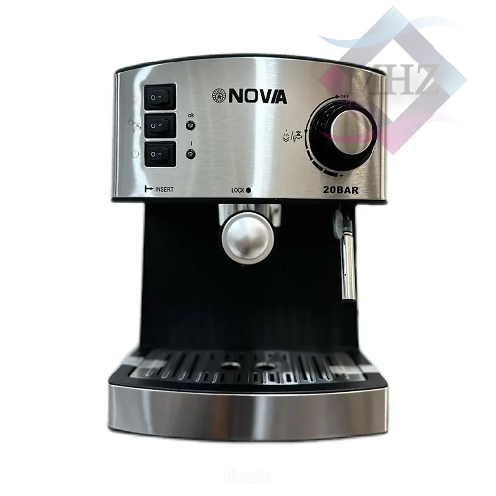 اسپرسوساز خانگی 1500 میلیلیتری نوا مدل NCM-142EXPS، با مصرف پودر قهوه، ظرفیت 20 بار، توان 1400 وات، مناسب تهیه اسپرسو، کافه لاته، موکا و کاپوچینو، تنظیم دما 80‑95 سانتی گراد، سینی چکه گیر