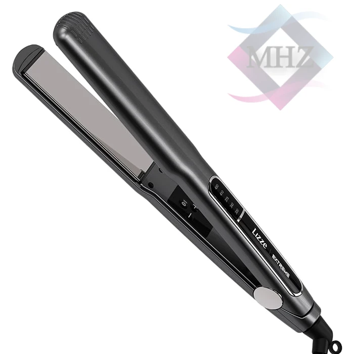 اتو مو لیز مدل Extreme، با صفحات باریک از جنس تیتانیوم، دارای سیستم ایمنی قفل دما، سیم چرخشی 360 درجه ضد گره، نمایشگر دیجیتال، گستره دما بیش از 240 درجه سانتیگراد، به همراه سیم 2 متری