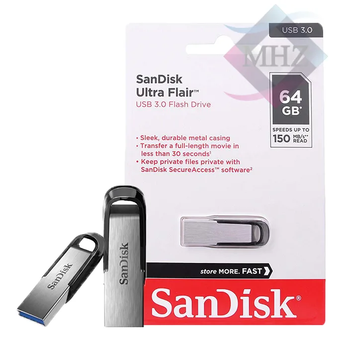 فلش مموری 64 گیگابایت سن دیسک مدل Ultra Flair CZ73، دارای رابطهای USB 3.0 و USB 2.0، سرعت استاندارد انتقال اطلاعات 5 گیگابیت بر ثانیه، دارای چراغ LED و قابلیت رمزگذاری فایلها