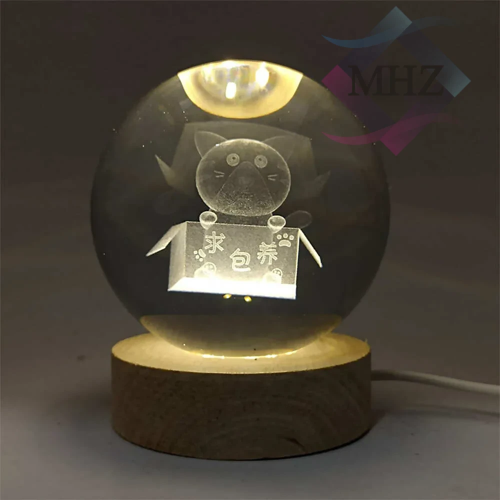 چراغ خواب مدل گوی کریستالی طرح گربه در جعبه قطر 8 سانتیمتر