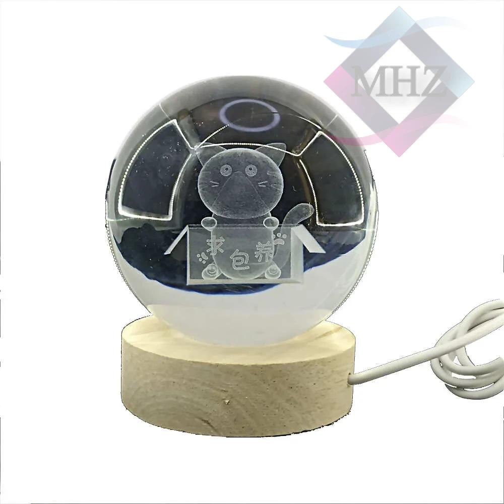 چراغ خواب مدل گوی کریستالی طرح گربه در جعبه قطر 8 سانتیمتر