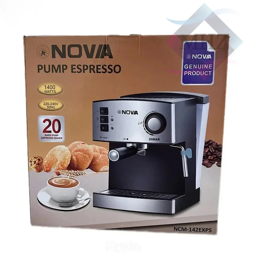اسپرسوساز خانگی 1500 میلیلیتری نوا مدل NCM-142EXPS، با مصرف پودر قهوه، ظرفیت 20 بار، توان 1400 وات، مناسب تهیه اسپرسو، کافه لاته، موکا و کاپوچینو، تنظیم دما 80‑95 سانتی گراد، سینی چکه گیر