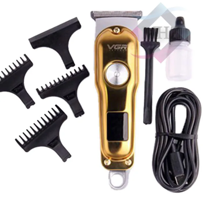 ماشین اصلاح موی سر و صورت وی جی آر مدل V-290، اصلاح به صورت صفر زن و خط زن، با سیم و بی سیم، با قابلیت نمایش وضعیت باتری، طراحی ارگونومیک، ضد آب (قابلیت استفاده زیر دوش)، منبع انرژی باتری قابل شارژ، به همراه روغن، برس تمیزکننده و کابل شارژ USB