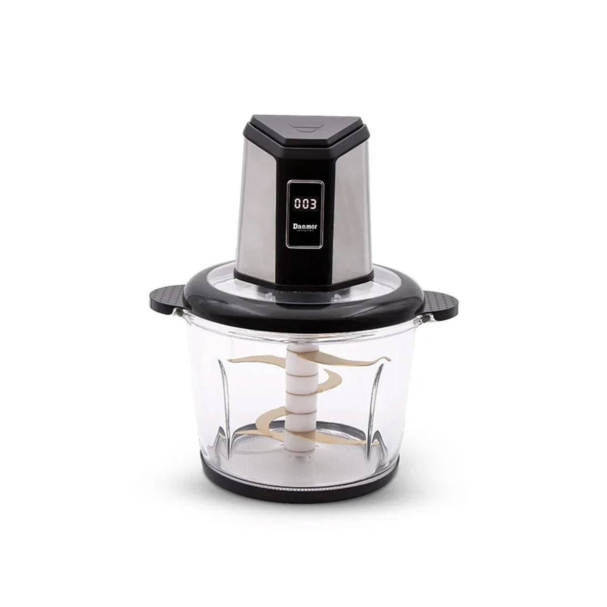 خردکن دانمور مدل DR-1012 با توان 1100 وات، حجم 3.3 لیتر، دارای نمایشگر دیجیتال، کاسه استیل ضد زنگ، کاسه شیشه ای شفاف، قابلیت تنظیم سرعت در دو سطح، درای یک ست 6 تیغه استیل ضد زنگ، دارای یک ست 6 تیغه طلایی ضد زنگ، حفاظت از گرم شدن بیش از حد موتور، دارای قطعات جداشدنی برای تمیز کردن آسان