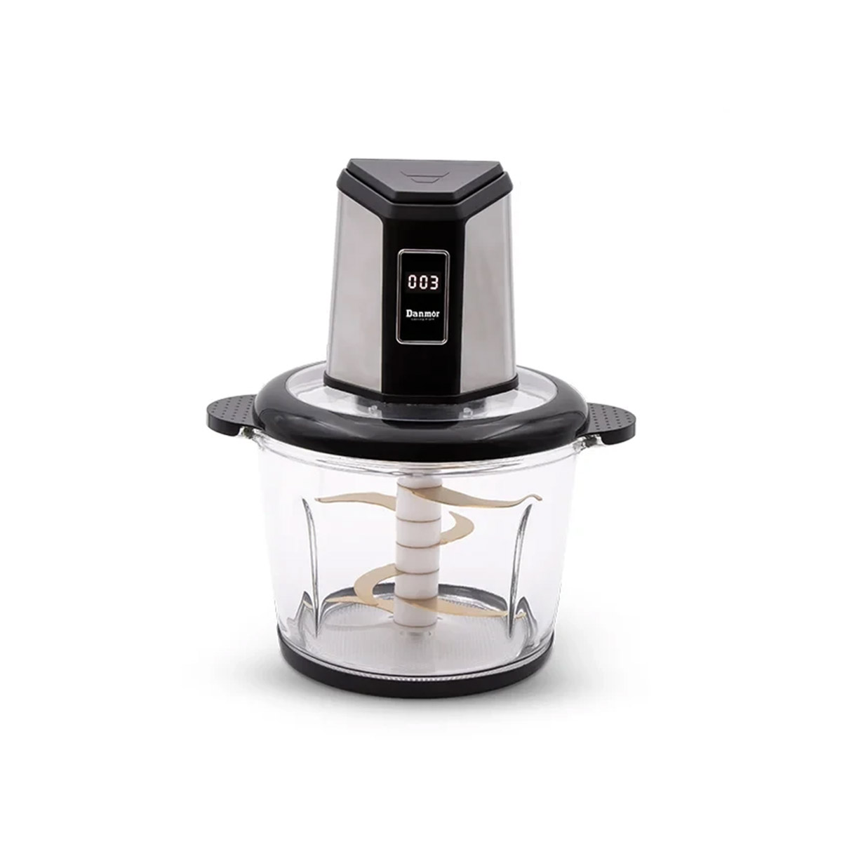 خردکن دانمور مدل DR-1013 با توان 1100 وات، حجم 3.3 لیتر، دارای نمایشگر دیجیتال، کاسه استیل ضد زنگ، کاسه شیشه ای شفاف، قابلیت تنظیم سرعت در دو سطح، درای یک ست 6 تیغه استیل ضد زنگ، دارای یک ست 6 تیغه طلایی ضد زنگ، حفاظت از گرم شدن بیش از حد موتور، دارای قطعات جداشدنی برای تمیز کردن آسان