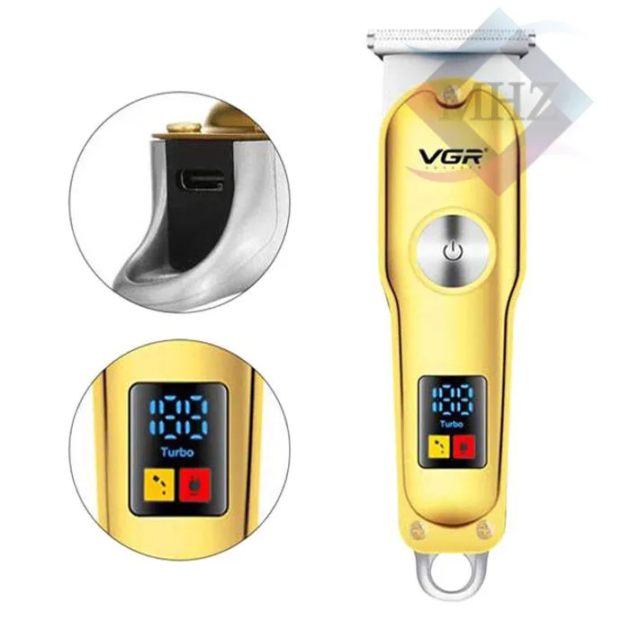 ماشین اصلاح موی سر و صورت وی جی آر مدل V-290، اصلاح به صورت صفر زن و خط زن، با سیم و بی سیم، با قابلیت نمایش وضعیت باتری، طراحی ارگونومیک، ضد آب (قابلیت استفاده زیر دوش)، منبع انرژی باتری قابل شارژ، به همراه روغن، برس تمیزکننده و کابل شارژ USB