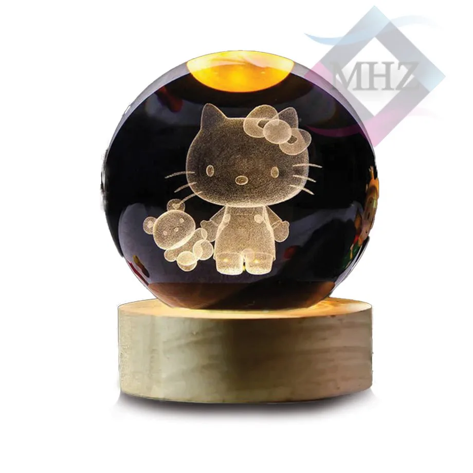 چراغ خواب مدل گوی کریستالی طرح گربه کیتی قطر 8 سانتیمتر